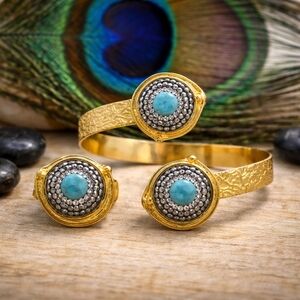 18K Gold Plated Turkish Cuff Bracelet Ring Set Turquoise Hematite Boho Jewelry